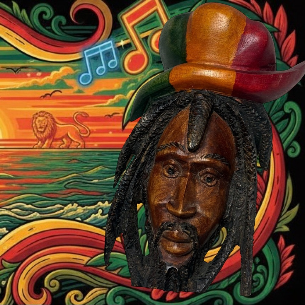 Vintage Jamaican Carved Wood Rastafarian Rasta Bust Folk Art Sculpture